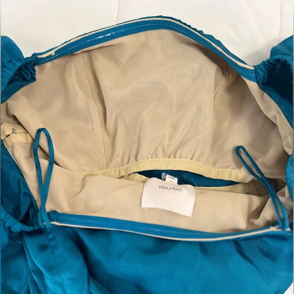 Cinq á Sept Minella Off-the-Shoulder Ruffled Satin Mini Dress in Teal - Picture 6 of 9